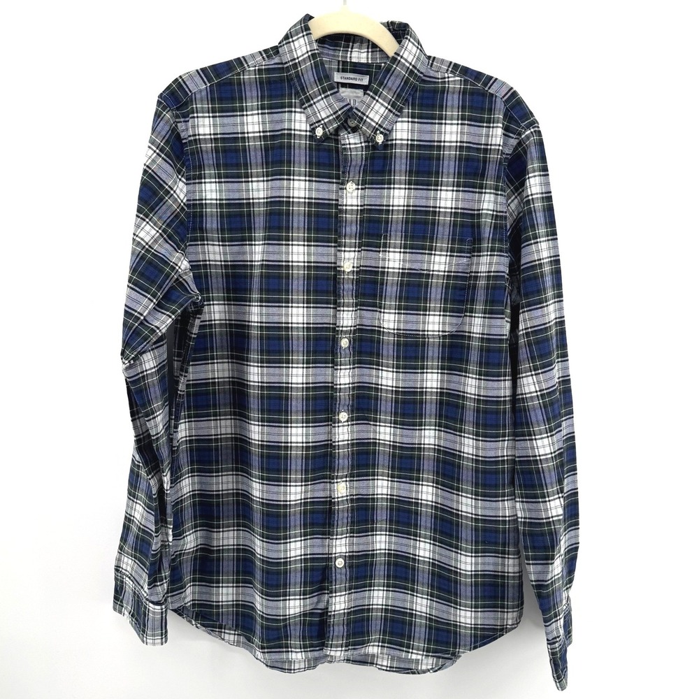 Gap Plaid Button Down Shirt Mens M Blue Green Standard Fit Cotton Long Sleeve